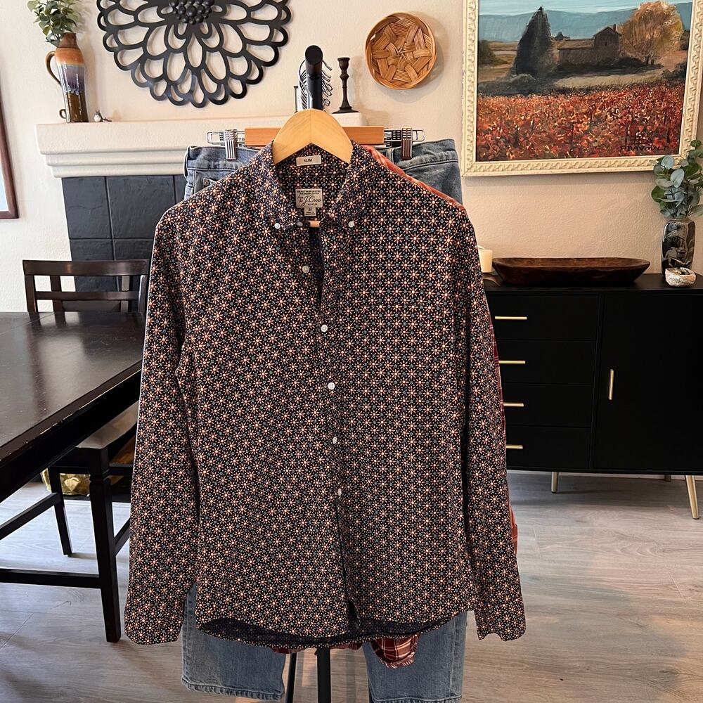 J Crew Shirt Mens SZ Medium Blue & Gold Geometric Floral Organic Cotton Stretch - Picture 16 of 16